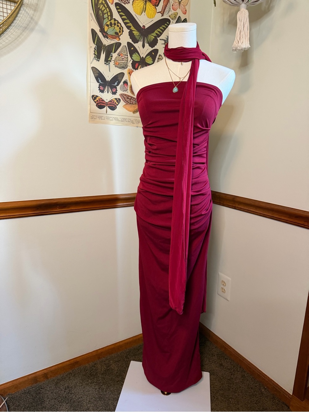 Strapless Ruched Maxi Dress with Scarf - Wine
